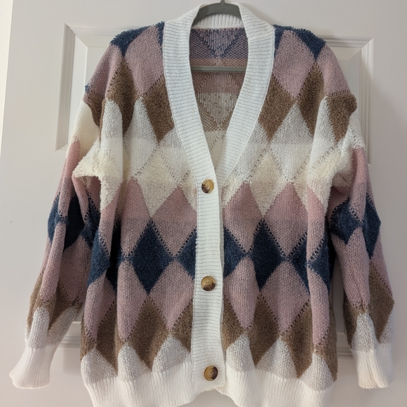 Women's Argyle Cardigan Sweater - Pink, Blue, Brown, White - Picture 1 of 5